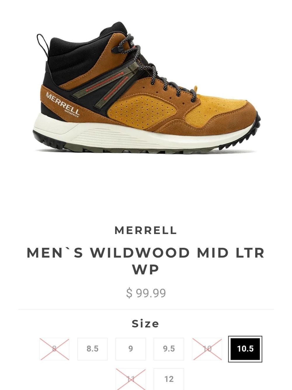 Merrell Men’s Wildwood Mid Leather WP Boot - Tan/Black 12